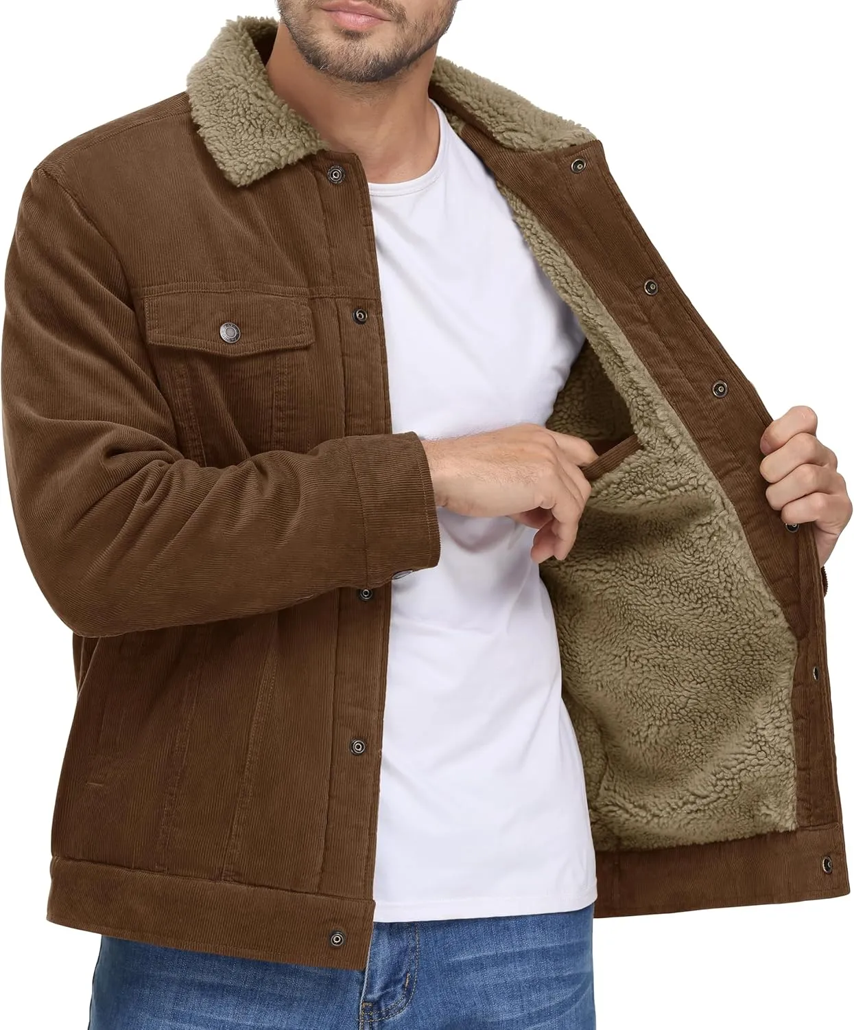 MAGNIVIT Men's Corduroy Fleece Cargo Jacket Winter Snap Button Lapel Sherpa Lined Trucker Cowboy Coat with 5 Pockets