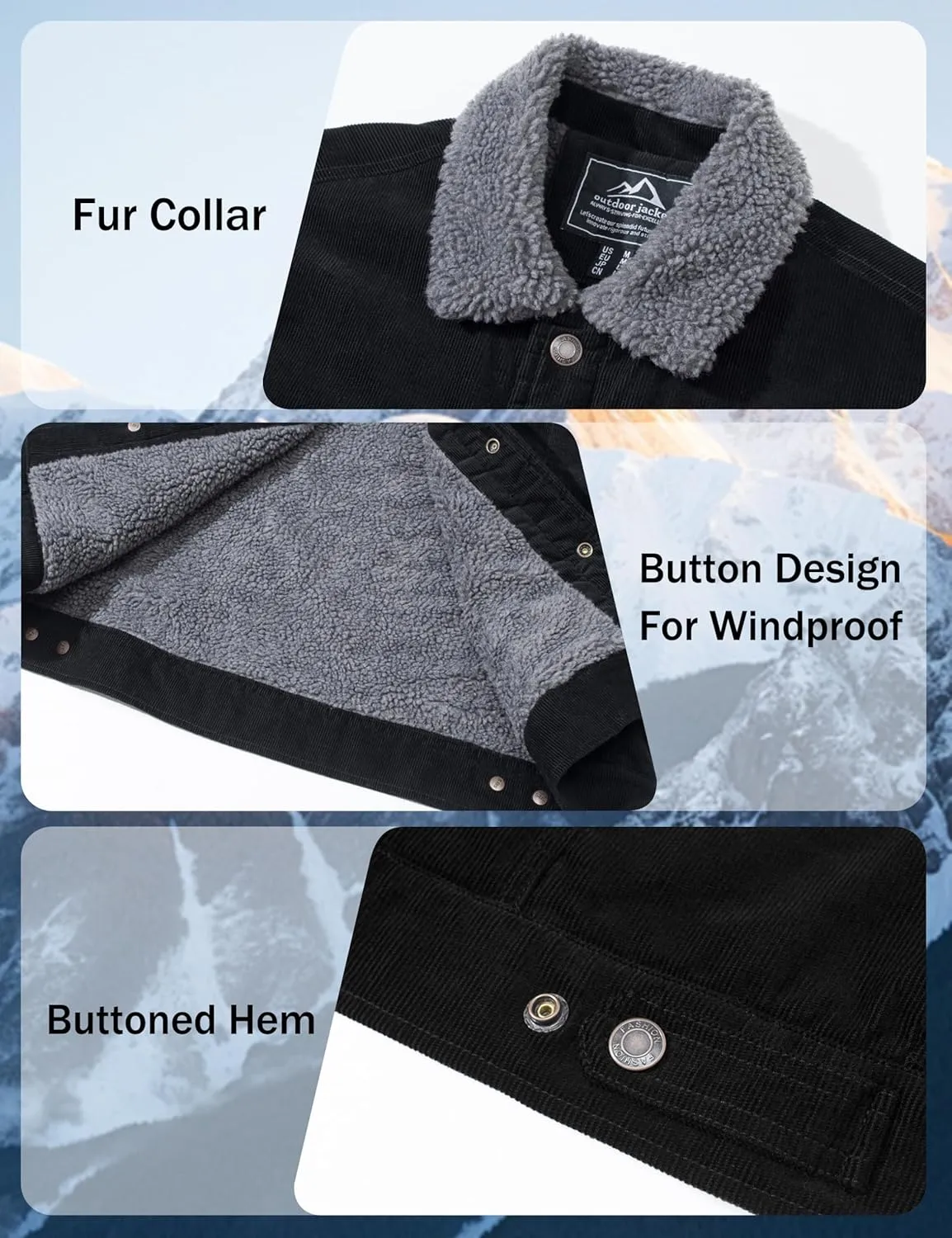 MAGNIVIT Men's Corduroy Fleece Cargo Jacket Winter Snap Button Lapel Sherpa Lined Trucker Cowboy Coat with 5 Pockets