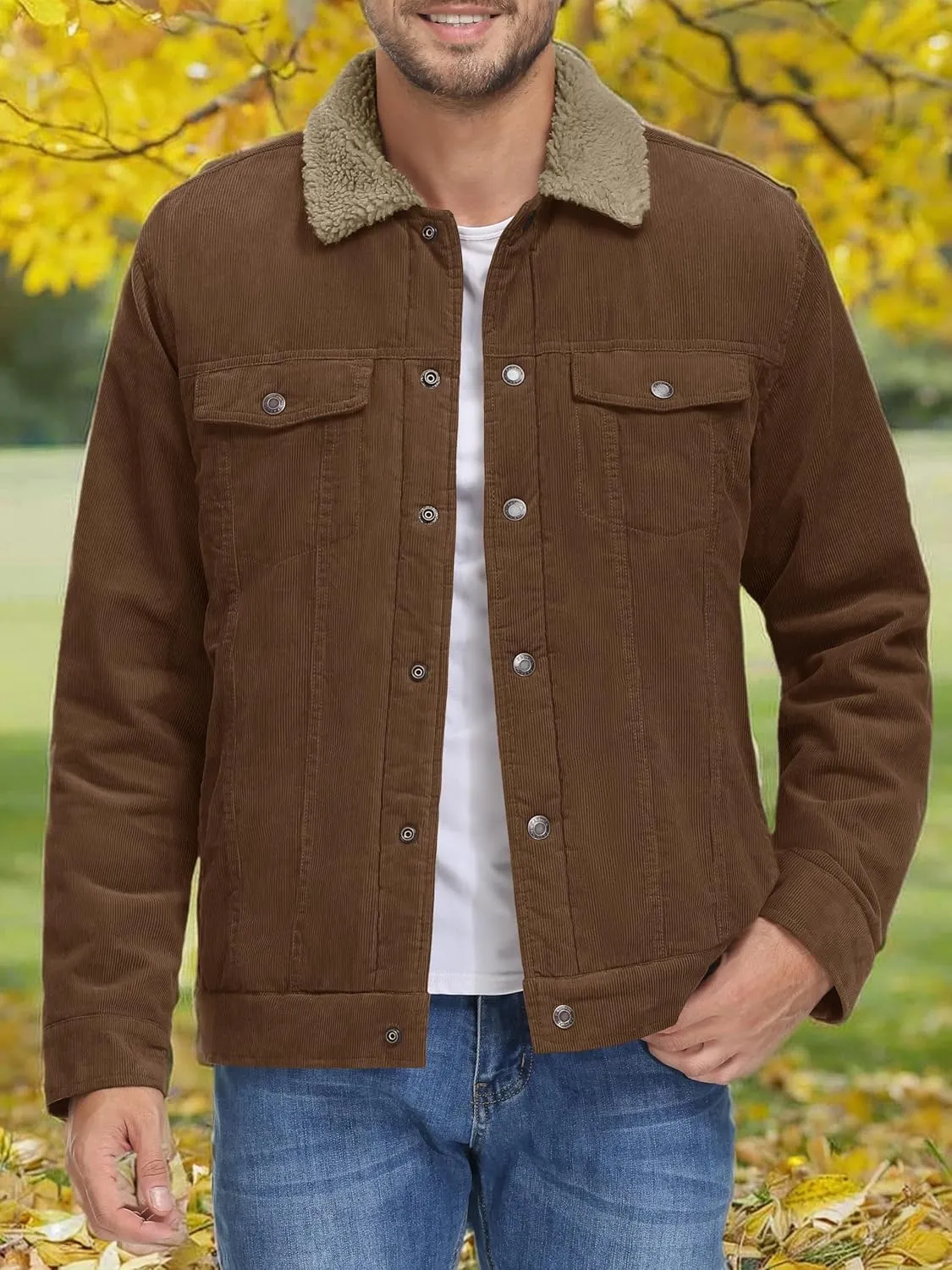 MAGNIVIT Men's Corduroy Fleece Cargo Jacket Winter Snap Button Lapel Sherpa Lined Trucker Cowboy Coat with 5 Pockets