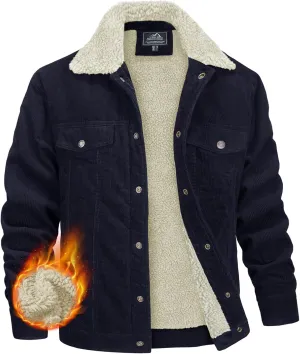 MAGNIVIT Men's Corduroy Fleece Cargo Jacket Winter Snap Button Lapel Sherpa Lined Trucker Cowboy Coat with 5 Pockets