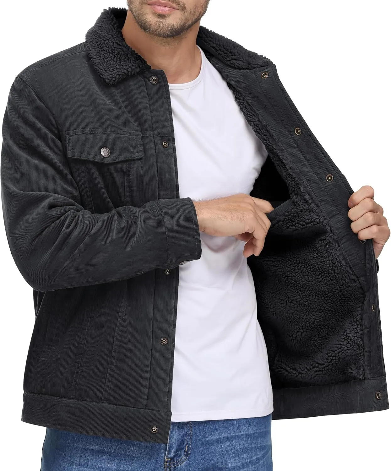 MAGNIVIT Men's Corduroy Fleece Cargo Jacket Winter Snap Button Lapel Sherpa Lined Trucker Cowboy Coat with 5 Pockets
