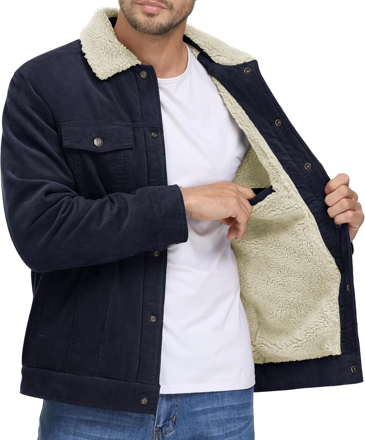 MAGNIVIT Men's Corduroy Fleece Cargo Jacket Winter Snap Button Lapel Sherpa Lined Trucker Cowboy Coat with 5 Pockets