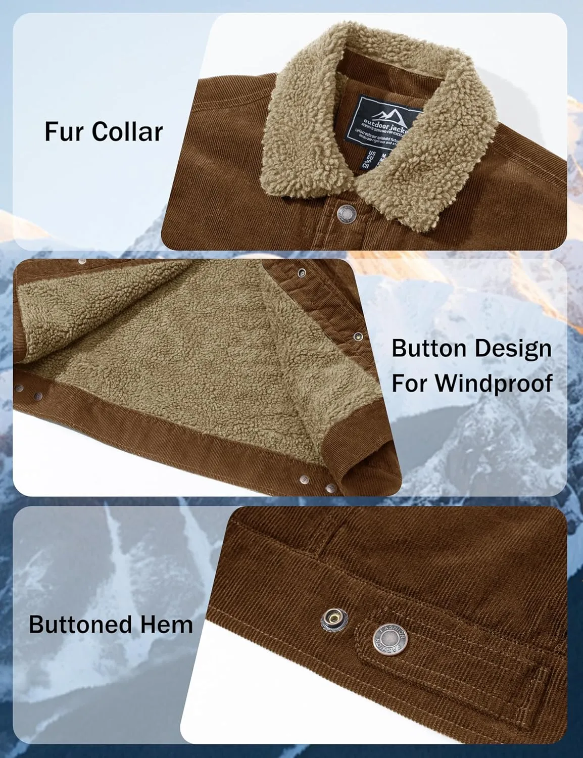 MAGNIVIT Men's Corduroy Fleece Cargo Jacket Winter Snap Button Lapel Sherpa Lined Trucker Cowboy Coat with 5 Pockets