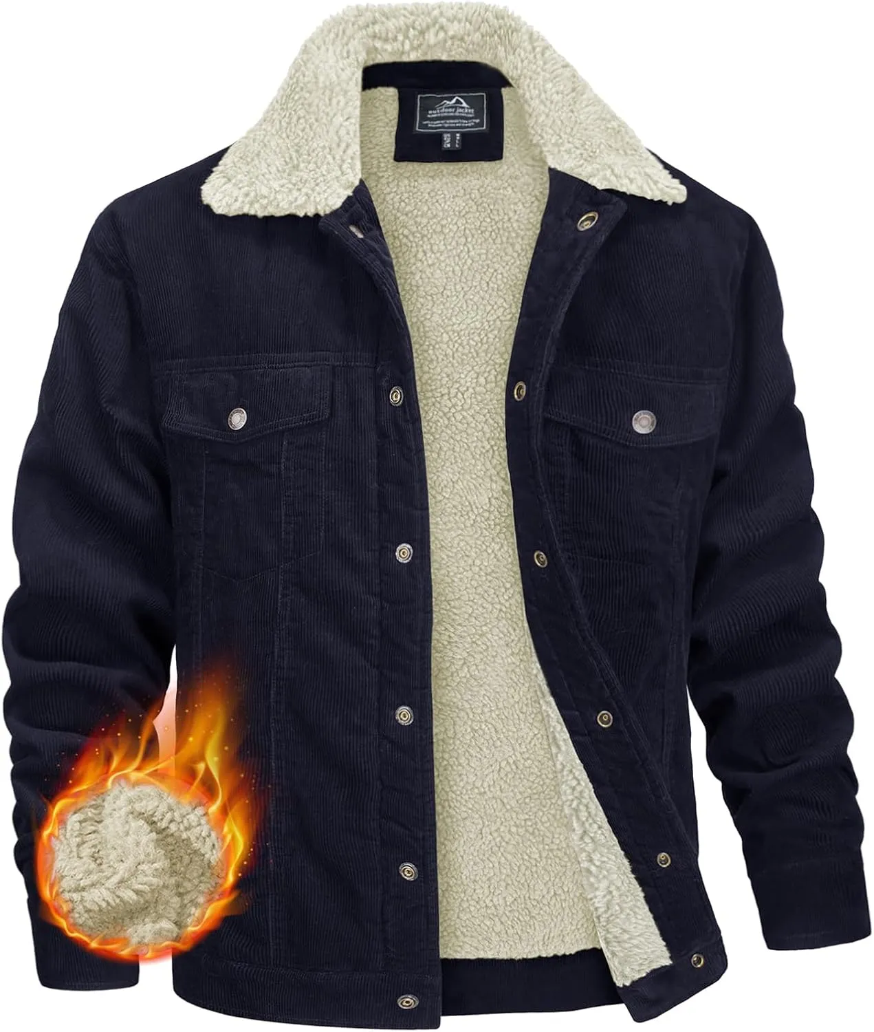MAGNIVIT Men's Corduroy Fleece Cargo Jacket Winter Snap Button Lapel Sherpa Lined Trucker Cowboy Coat with 5 Pockets