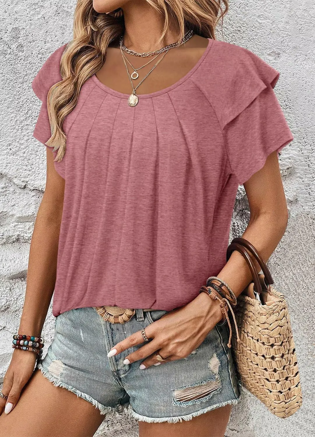 Magritta Womens Shirts Dressy Casual Short Sleeve Blouses Loose Fit Pleated Front Summer Tunic Tops