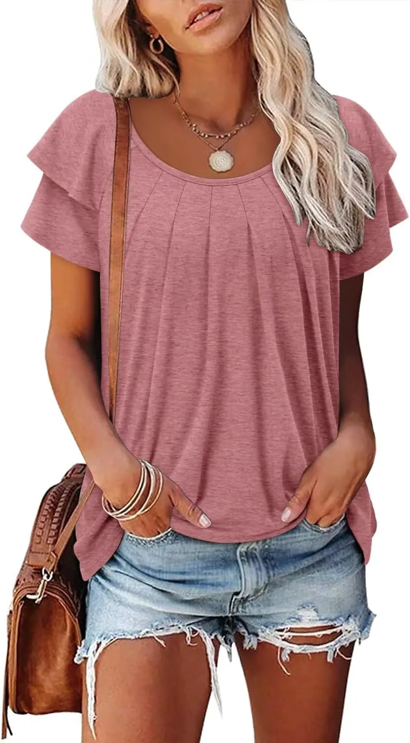 Magritta Womens Shirts Dressy Casual Short Sleeve Blouses Loose Fit Pleated Front Summer Tunic Tops