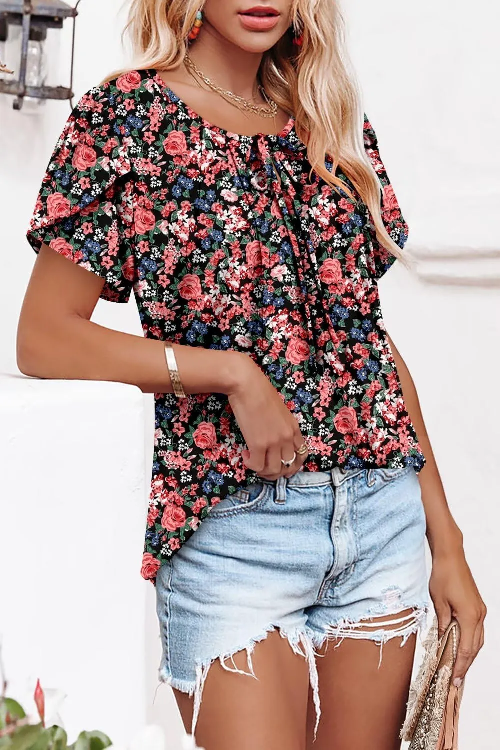 Magritta Womens Shirts Dressy Casual Short Sleeve Blouses Loose Fit Pleated Front Summer Tunic Tops