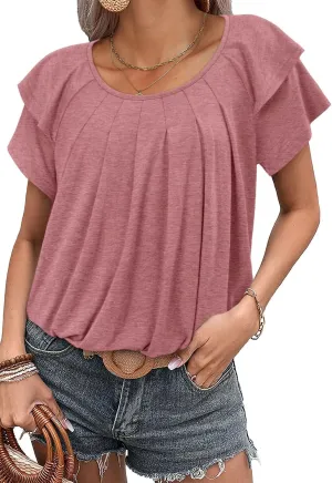 Magritta Womens Shirts Dressy Casual Short Sleeve Blouses Loose Fit Pleated Front Summer Tunic Tops