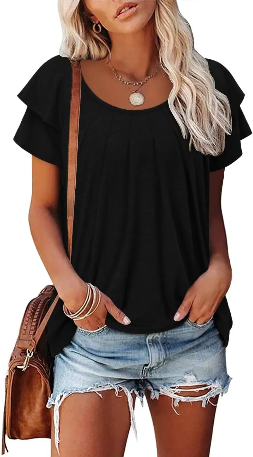 Magritta Womens Shirts Dressy Casual Short Sleeve Blouses Loose Fit Pleated Front Summer Tunic Tops