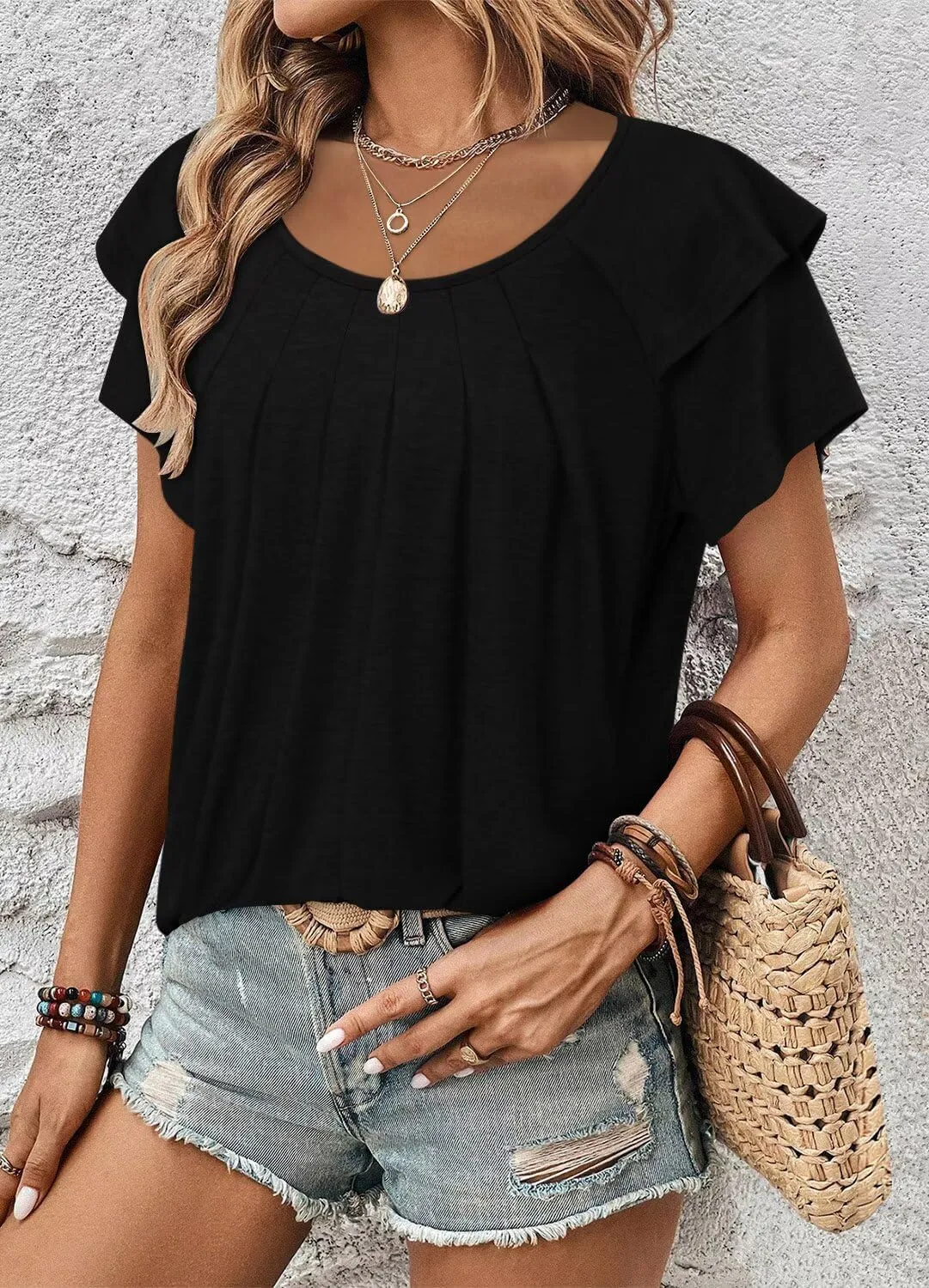 Magritta Womens Shirts Dressy Casual Short Sleeve Blouses Loose Fit Pleated Front Summer Tunic Tops