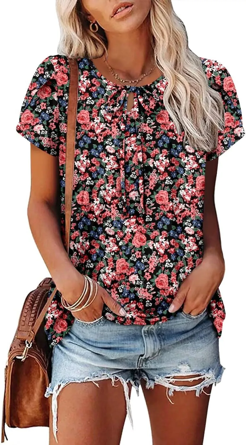 Magritta Womens Shirts Dressy Casual Short Sleeve Blouses Loose Fit Pleated Front Summer Tunic Tops