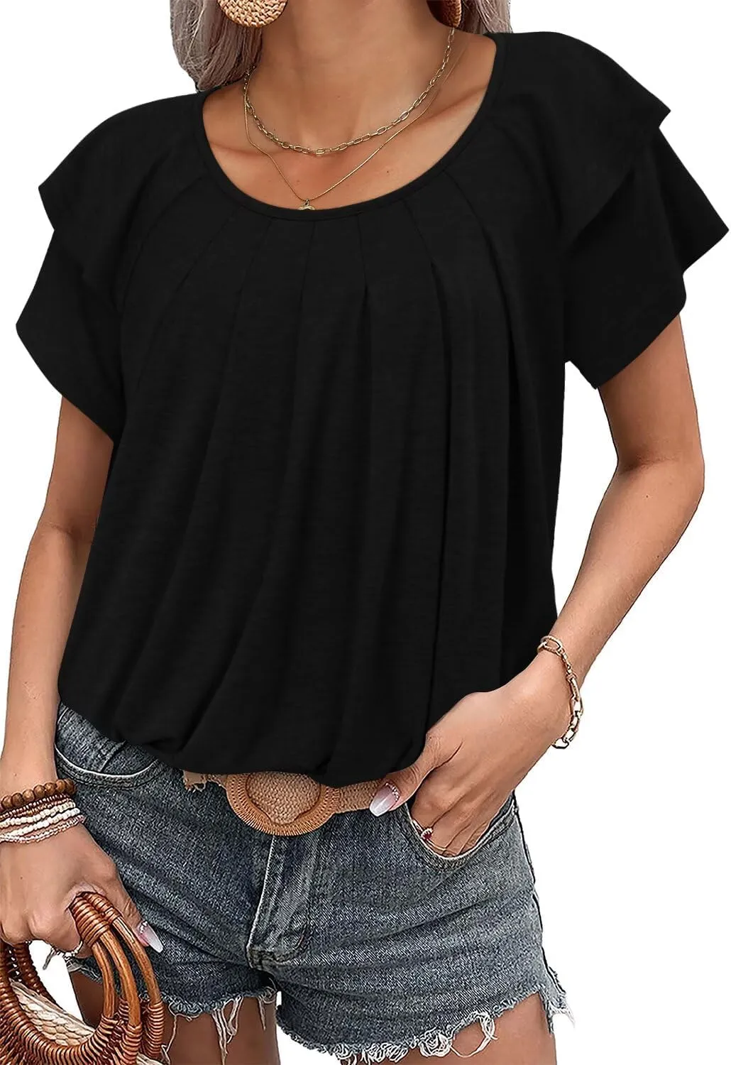 Magritta Womens Shirts Dressy Casual Short Sleeve Blouses Loose Fit Pleated Front Summer Tunic Tops
