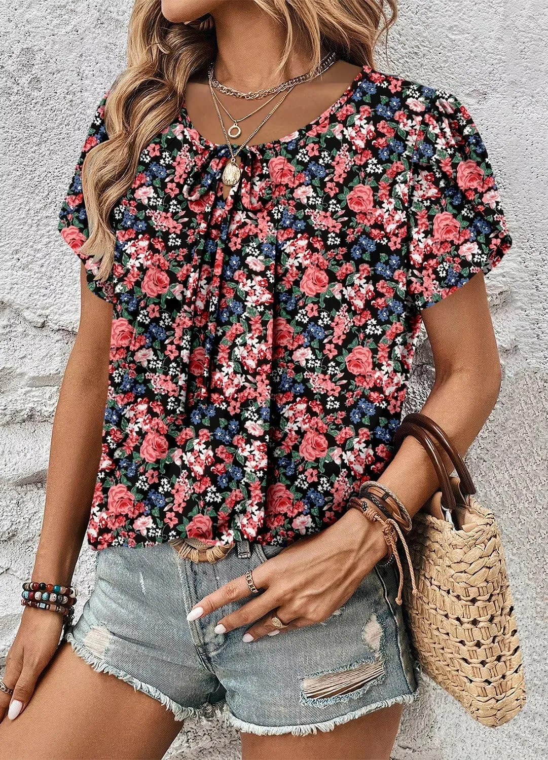 Magritta Womens Shirts Dressy Casual Short Sleeve Blouses Loose Fit Pleated Front Summer Tunic Tops