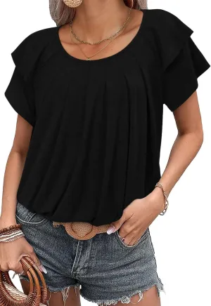 Magritta Womens Shirts Dressy Casual Short Sleeve Blouses Loose Fit Pleated Front Summer Tunic Tops