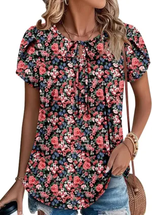 Magritta Womens Shirts Dressy Casual Short Sleeve Blouses Loose Fit Pleated Front Summer Tunic Tops