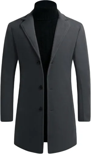 Maiyifu-GJ Mens Wool Blend Trench Coat Mid-Length Notched Collar Long Top Pea Coats Business Single Breasted Jacket Overcoat