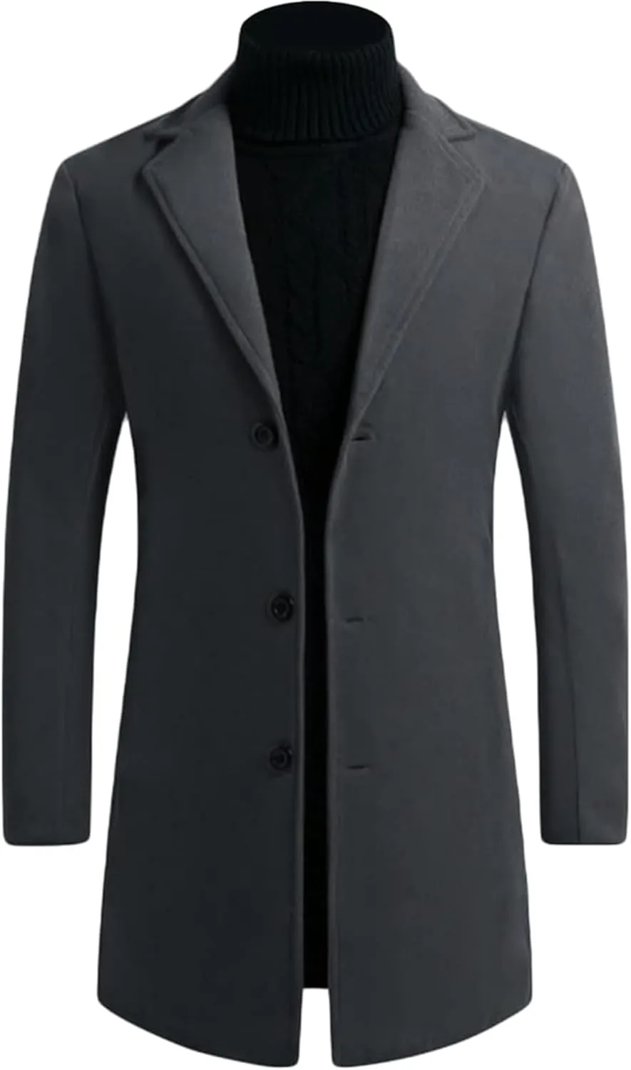 Maiyifu-GJ Mens Wool Blend Trench Coat Mid-Length Notched Collar Long Top Pea Coats Business Single Breasted Jacket Overcoat