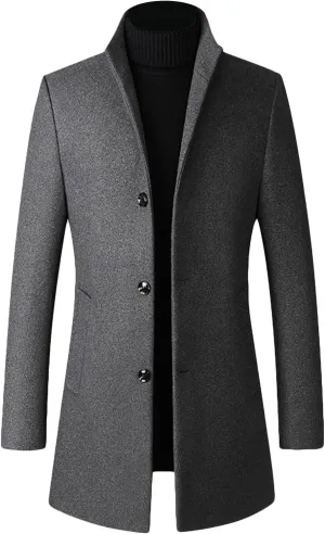 Maiyifu-GJ Mens Wool Blend Trench Coat Stand Collar Single Breasted Business Pea Coats Stylish Mid-Length Overcoat Jacket