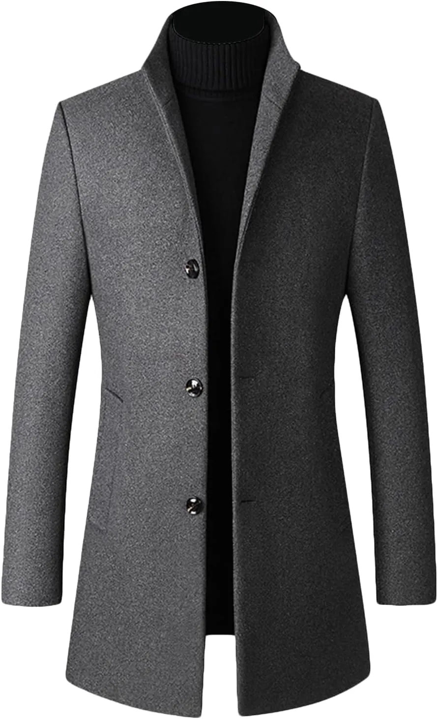 Maiyifu-GJ Mens Wool Blend Trench Coat Stand Collar Single Breasted Business Pea Coats Stylish Mid-Length Overcoat Jacket