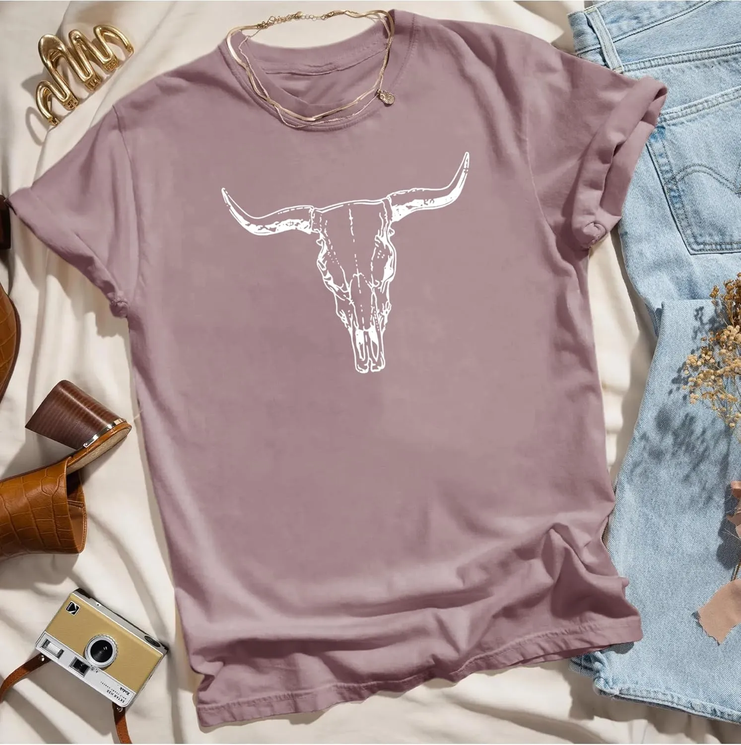 MAPICK Women Boho Cow Skull T-Shirts Western Cowgirls Graphic Crewneck Shirts Country Concert Short Sleeve Outfits