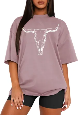 MAPICK Women Boho Cow Skull T-Shirts Western Cowgirls Graphic Crewneck Shirts Country Concert Short Sleeve Outfits