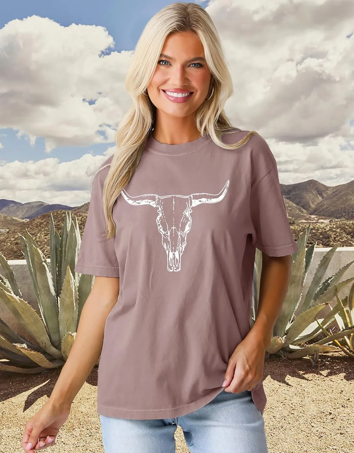 MAPICK Women Boho Cow Skull T-Shirts Western Cowgirls Graphic Crewneck Shirts Country Concert Short Sleeve Outfits