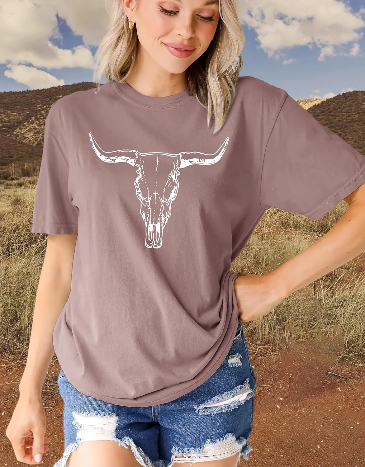 MAPICK Women Boho Cow Skull T-Shirts Western Cowgirls Graphic Crewneck Shirts Country Concert Short Sleeve Outfits