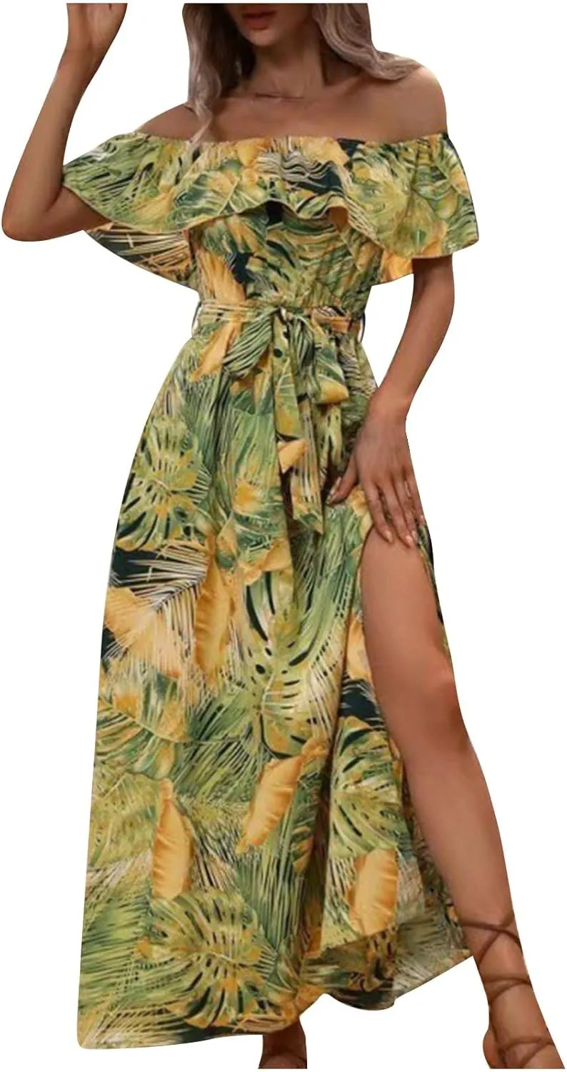 Maxi Dresses for Women 2024 Maxi Dresses for Women 2024 Summer Boho Dress Sexy Off The Shoulder Dresses Flowy Long Sundresses Vacation Beach Party Dress A-Yellow, Small