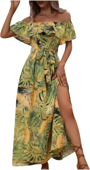 Maxi Dresses for Women 2024 Maxi Dresses for Women 2024 Summer Boho Dress Sexy Off The Shoulder Dresses Flowy Long Sundresses Vacation Beach Party Dress A-Yellow, Small