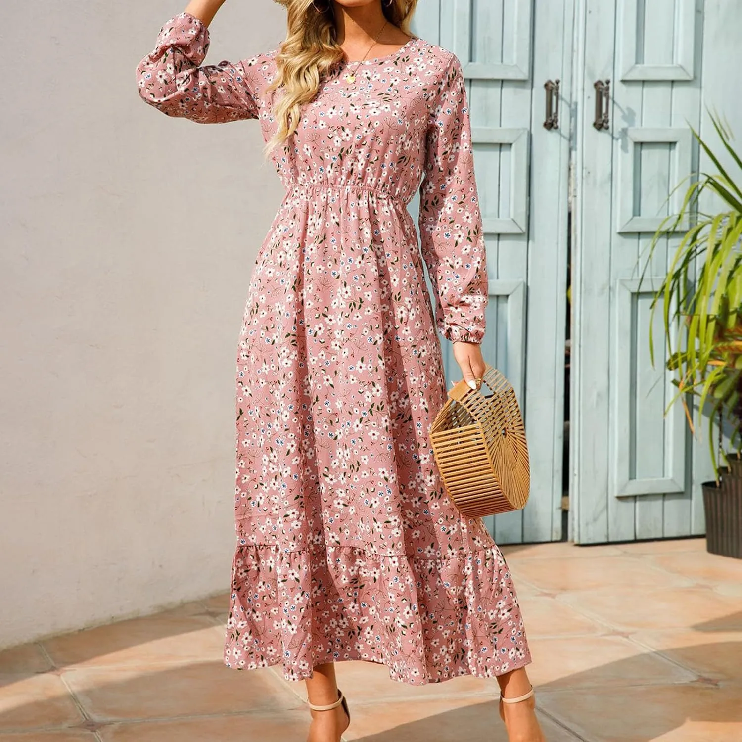 Maxi Dresses for Women Fall Small Floral Printed Elastic Waist Ruffle Hem Dress Long Sleeve Comfy Flowy Long Dresses