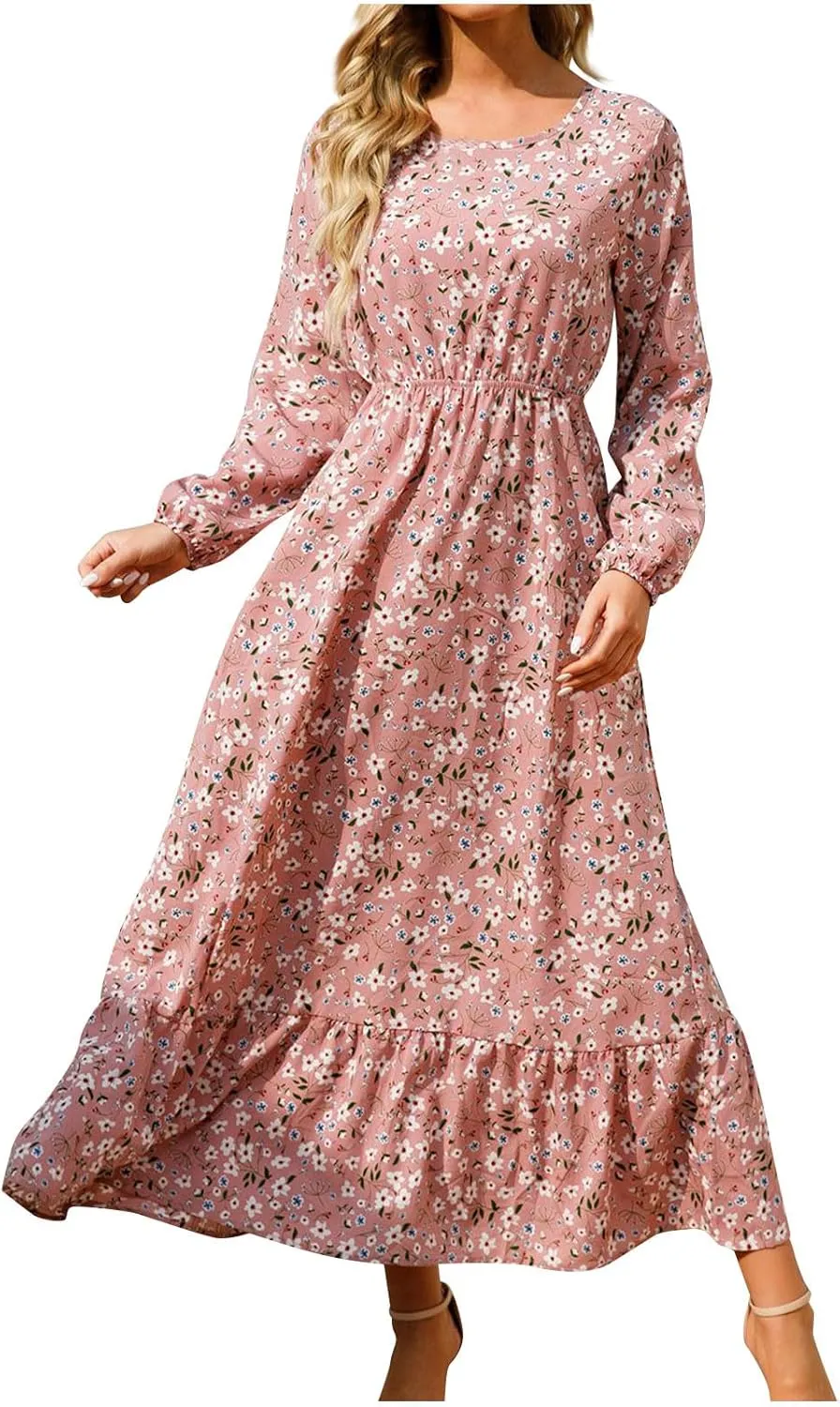 Maxi Dresses for Women Fall Small Floral Printed Elastic Waist Ruffle Hem Dress Long Sleeve Comfy Flowy Long Dresses