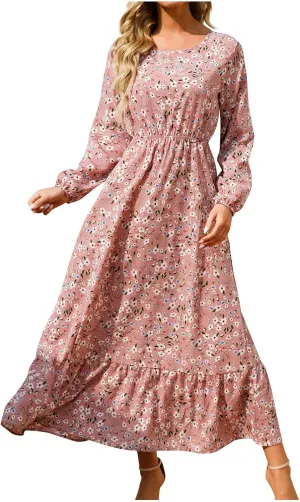 Maxi Dresses for Women Fall Small Floral Printed Elastic Waist Ruffle Hem Dress Long Sleeve Comfy Flowy Long Dresses