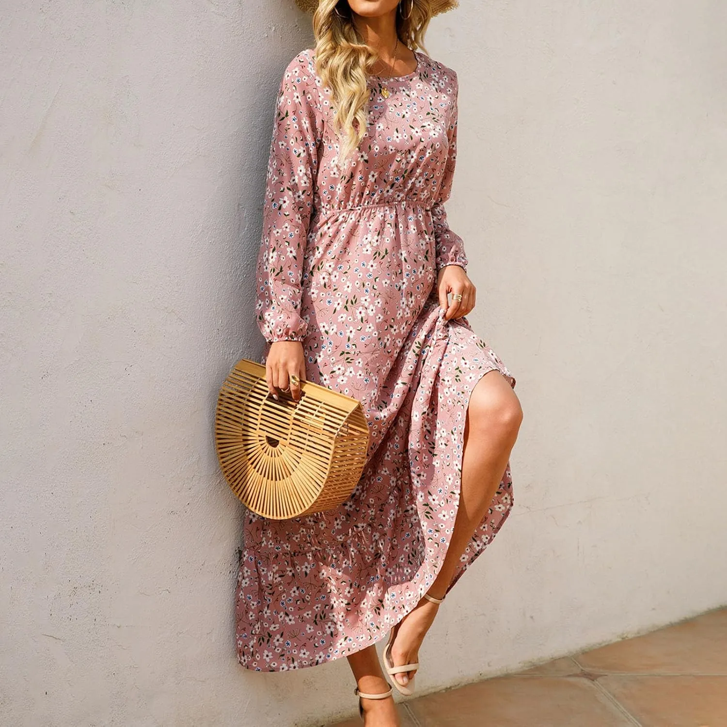 Maxi Dresses for Women Fall Small Floral Printed Elastic Waist Ruffle Hem Dress Long Sleeve Comfy Flowy Long Dresses