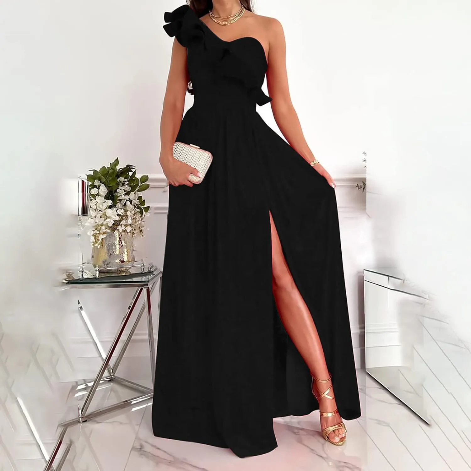 Maxi Dresses for Women One The Shoulder Dress Flowy Long Dresses Sexy Split Party Dress Trendy Ruffle Sundresses