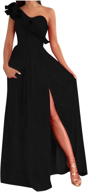 Maxi Dresses for Women One The Shoulder Dress Flowy Long Dresses Sexy Split Party Dress Trendy Ruffle Sundresses