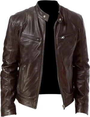 Men Leather Motorcycle Jacket Stand Collar Faux Leather Jackets Zip-Up Slim Fit Biker Coat