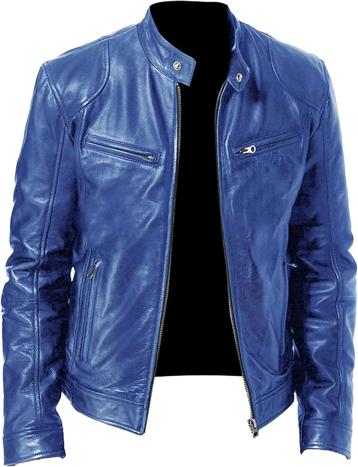 Men Leather Motorcycle Jacket Stand Collar Faux Leather Jackets Zip-Up Slim Fit Biker Coat
