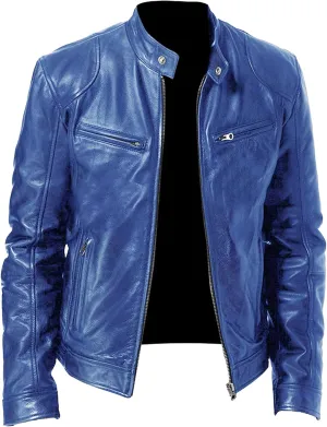 Men Leather Motorcycle Jacket Stand Collar Faux Leather Jackets Zip-Up Slim Fit Biker Coat