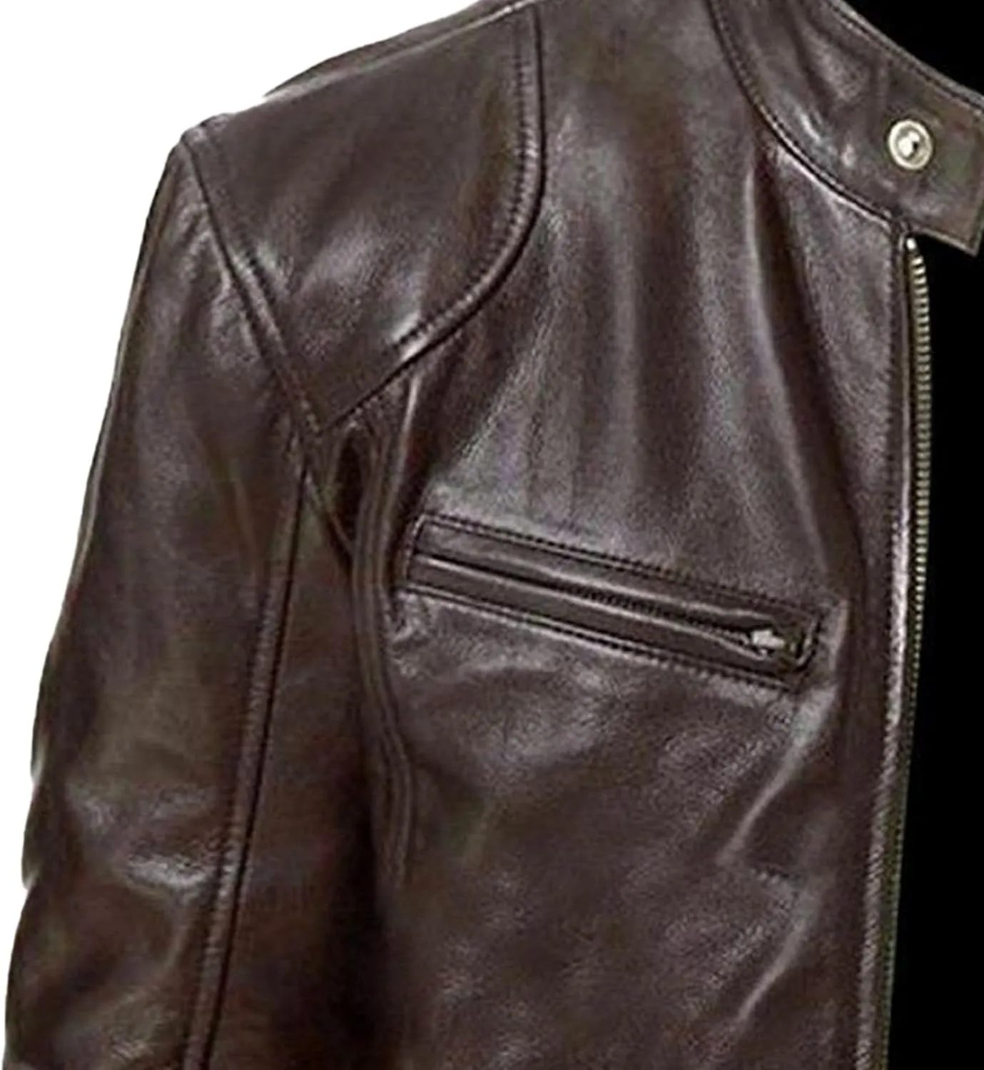 Men Leather Motorcycle Jacket Stand Collar Faux Leather Jackets Zip-Up Slim Fit Biker Coat