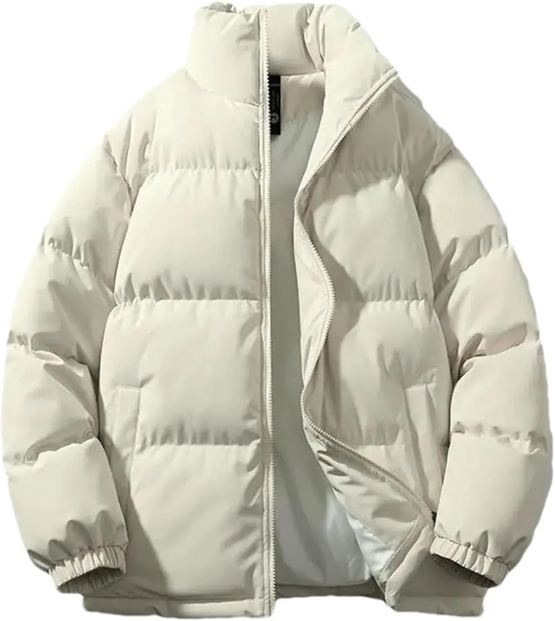Men Solid Color Stand Collar Pockets Cotton-Padded Classic Thicken Oversized Zipper Parka Coat