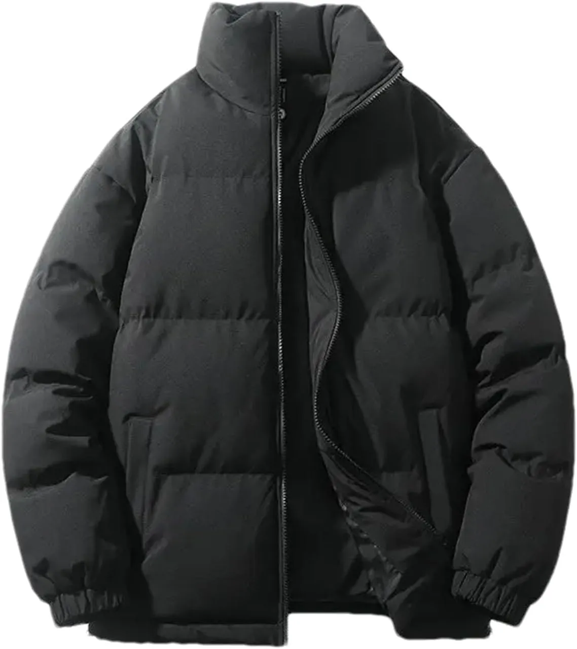 Men Solid Color Stand Collar Pockets Cotton-Padded Classic Thicken Oversized Zipper Parka Coat