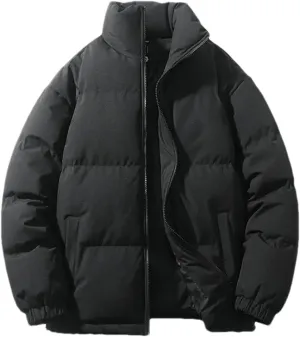 Men Solid Color Stand Collar Pockets Cotton-Padded Classic Thicken Oversized Zipper Parka Coat