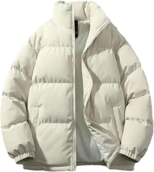 Men Solid Color Stand Collar Pockets Cotton-Padded Classic Thicken Oversized Zipper Parka Coat