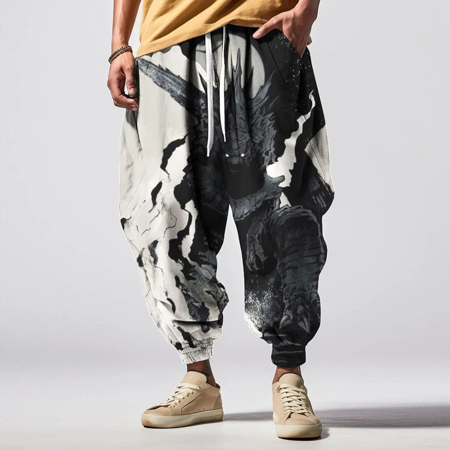 Mens All Over Print Hippie Harem Pants Hip Hop Yoga Drop Crotch Trousers Drawstring Baggy Loose Beach Aladdin Pants