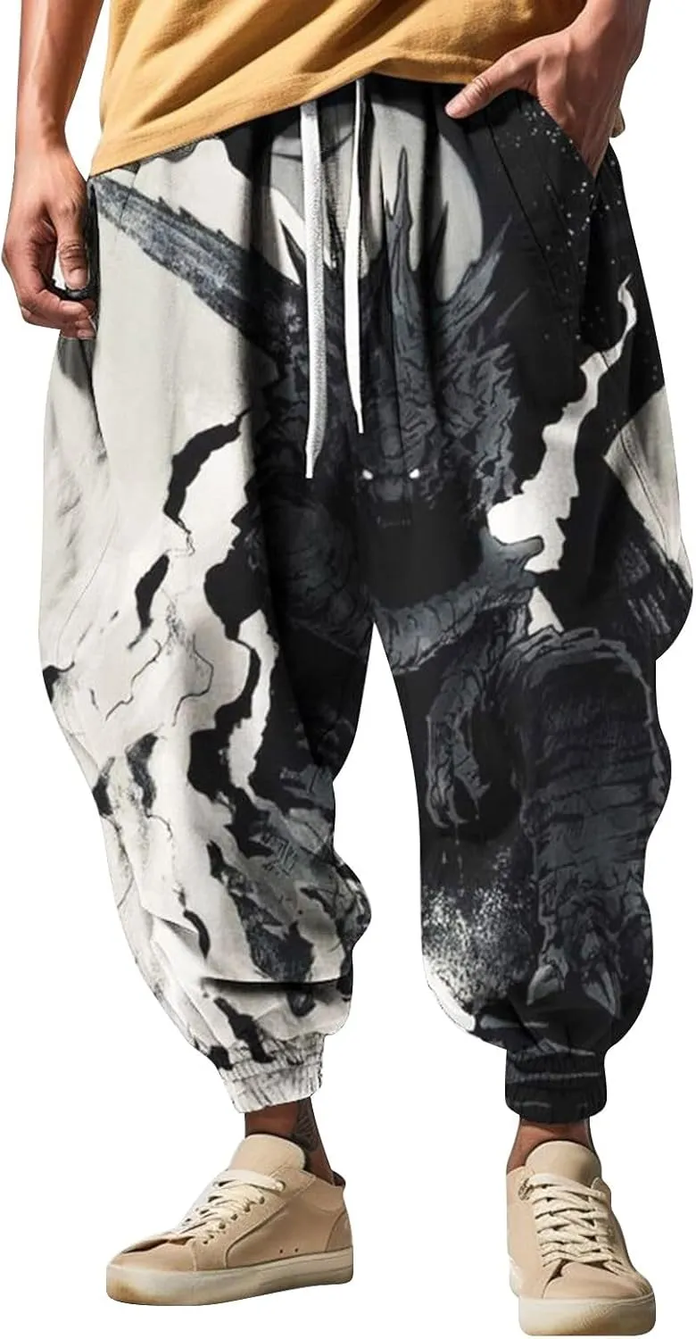 Mens All Over Print Hippie Harem Pants Hip Hop Yoga Drop Crotch Trousers Drawstring Baggy Loose Beach Aladdin Pants