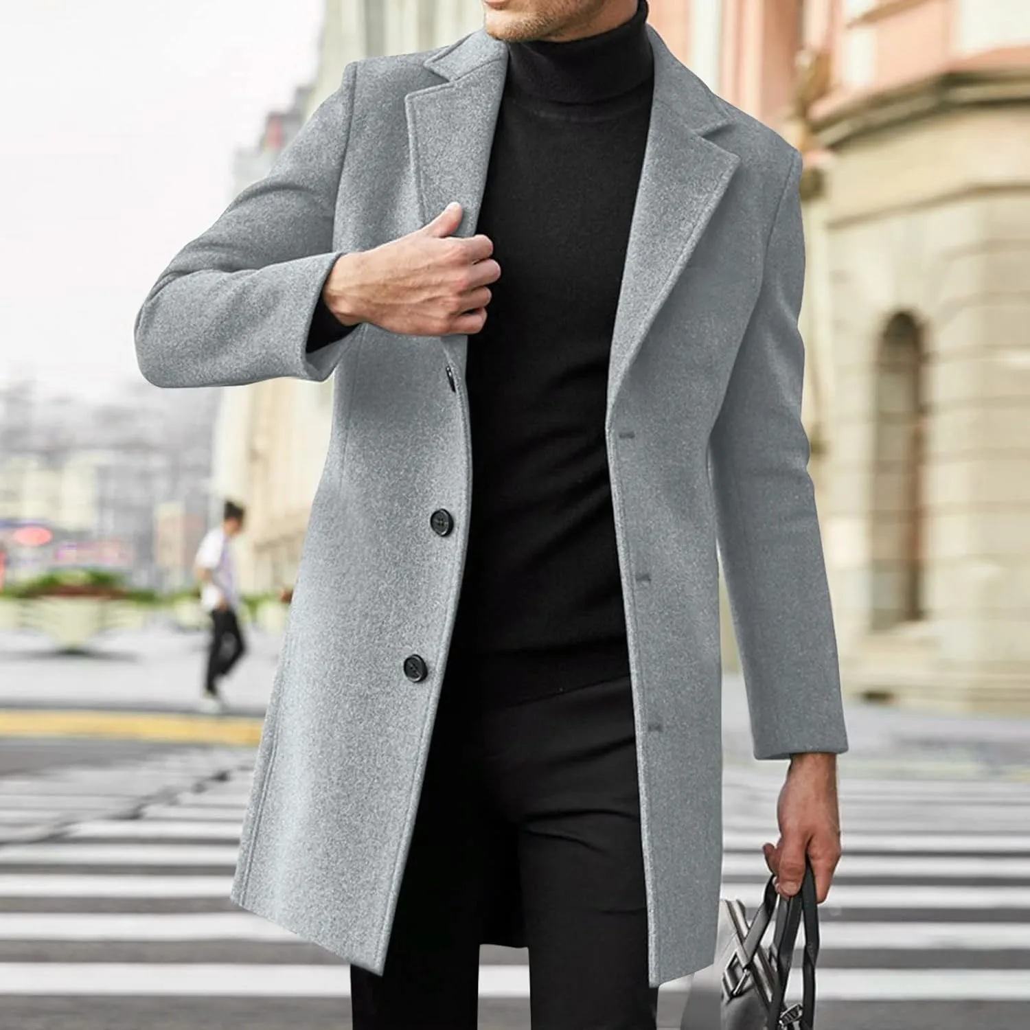 Mens Big and Tall Notched Collar Trench Coats Regular Fit Single Breasted Pea Coats Winter Warm Business Long Jacket