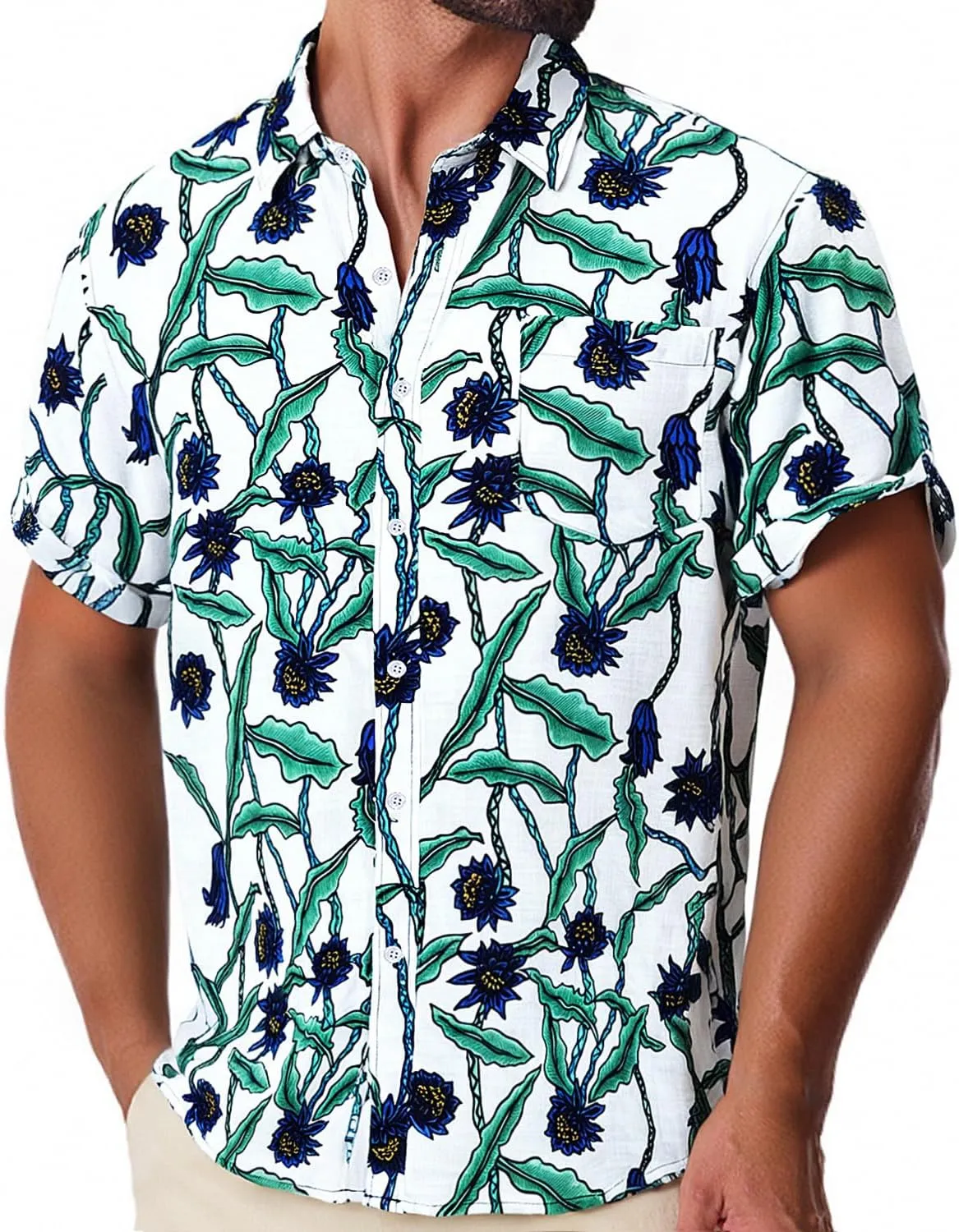 Mens Casual Hawaiian Shirts Front Pocket Summer Floral Shirt Short Sleeve Button Down Tropical Beach Shirts