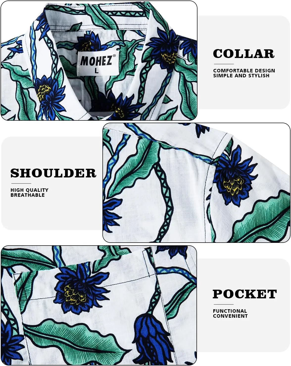 Mens Casual Hawaiian Shirts Front Pocket Summer Floral Shirt Short Sleeve Button Down Tropical Beach Shirts