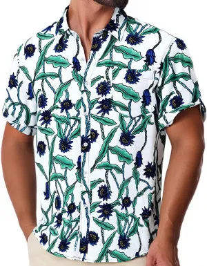 Mens Casual Hawaiian Shirts Front Pocket Summer Floral Shirt Short Sleeve Button Down Tropical Beach Shirts