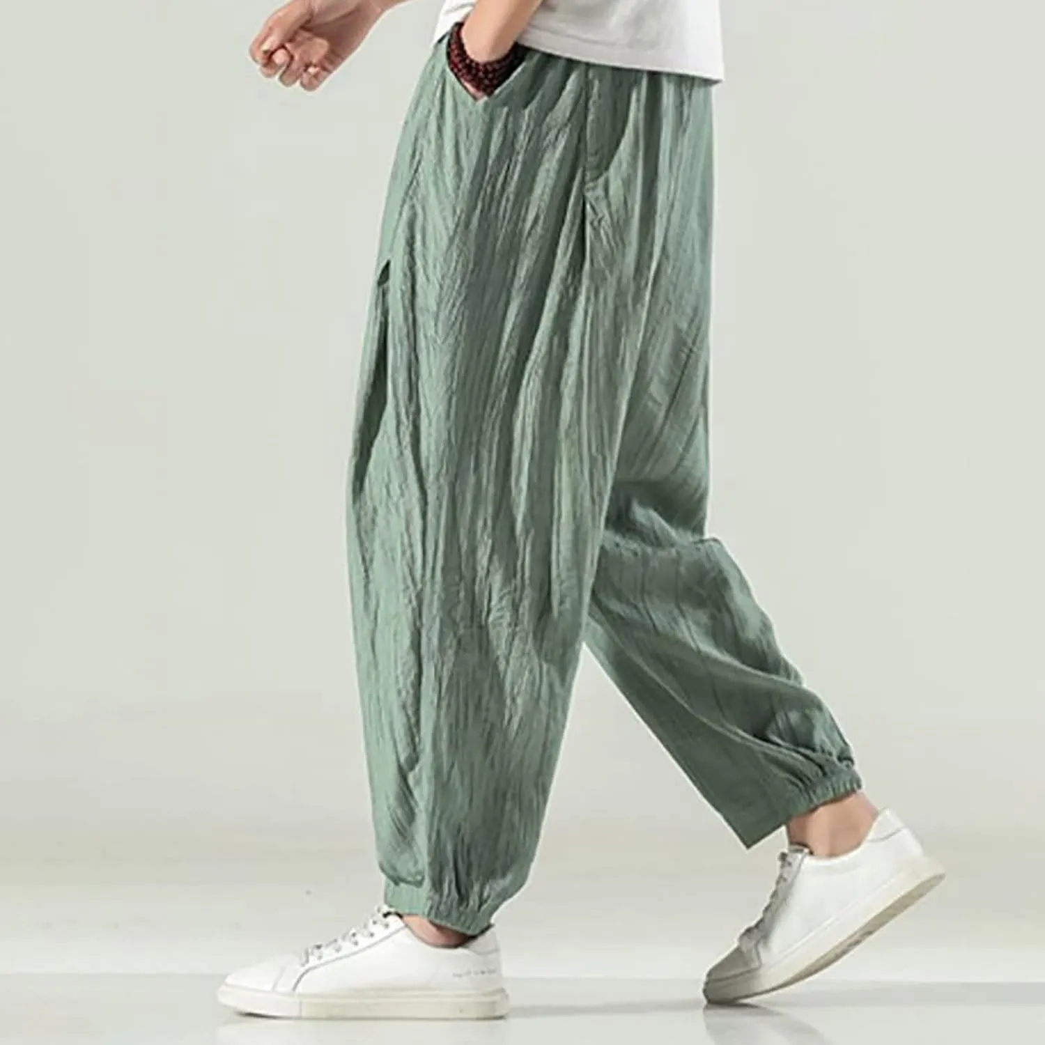 Men's Casual Linen Pants, Cotton Drawstring Elastic Waist Summer Yoga Beach Pants, Lightweight Loose Trousers